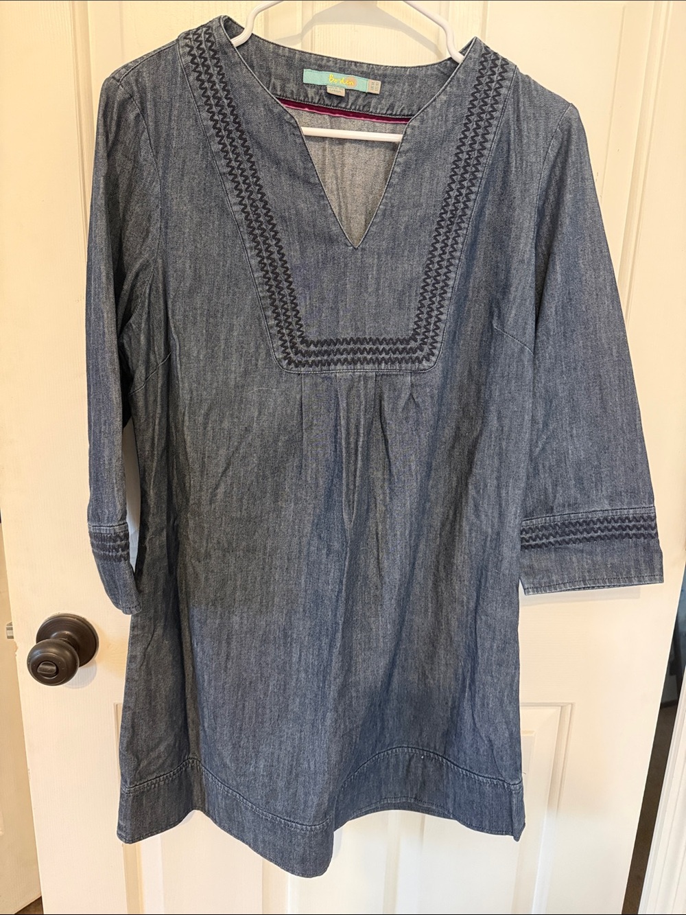 Boden Chambray Tunic Dress with Embroidered Yoke - Denim Blue